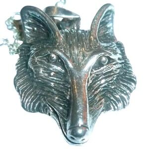 Vintage Silver Tone Wolf Head Pendant Necklace Antiqued Link Chain 18 Inch